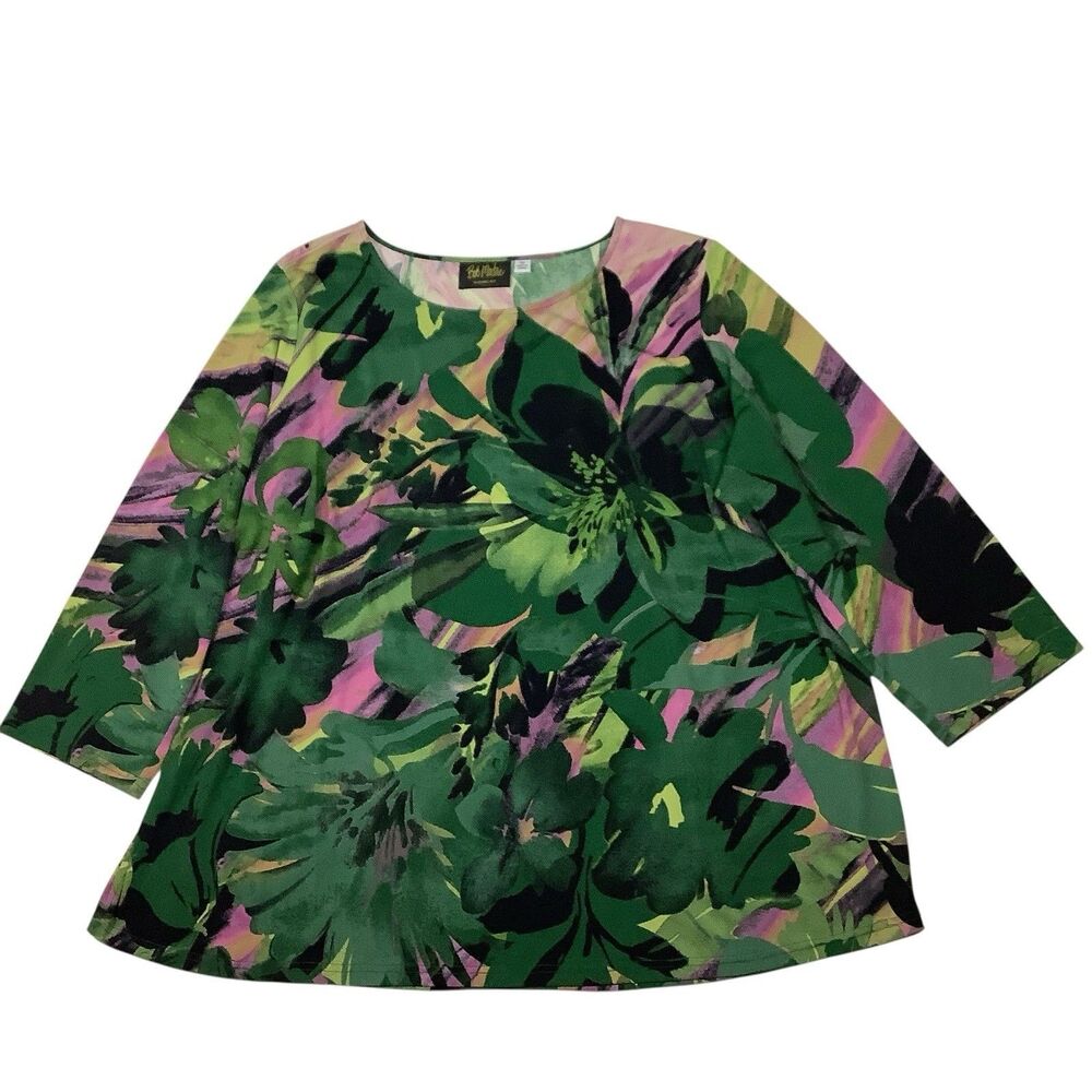 Bob Mackie Wearable Art Top Floral 3/4 Sleeve Women 3X Green Purple Boho Chic